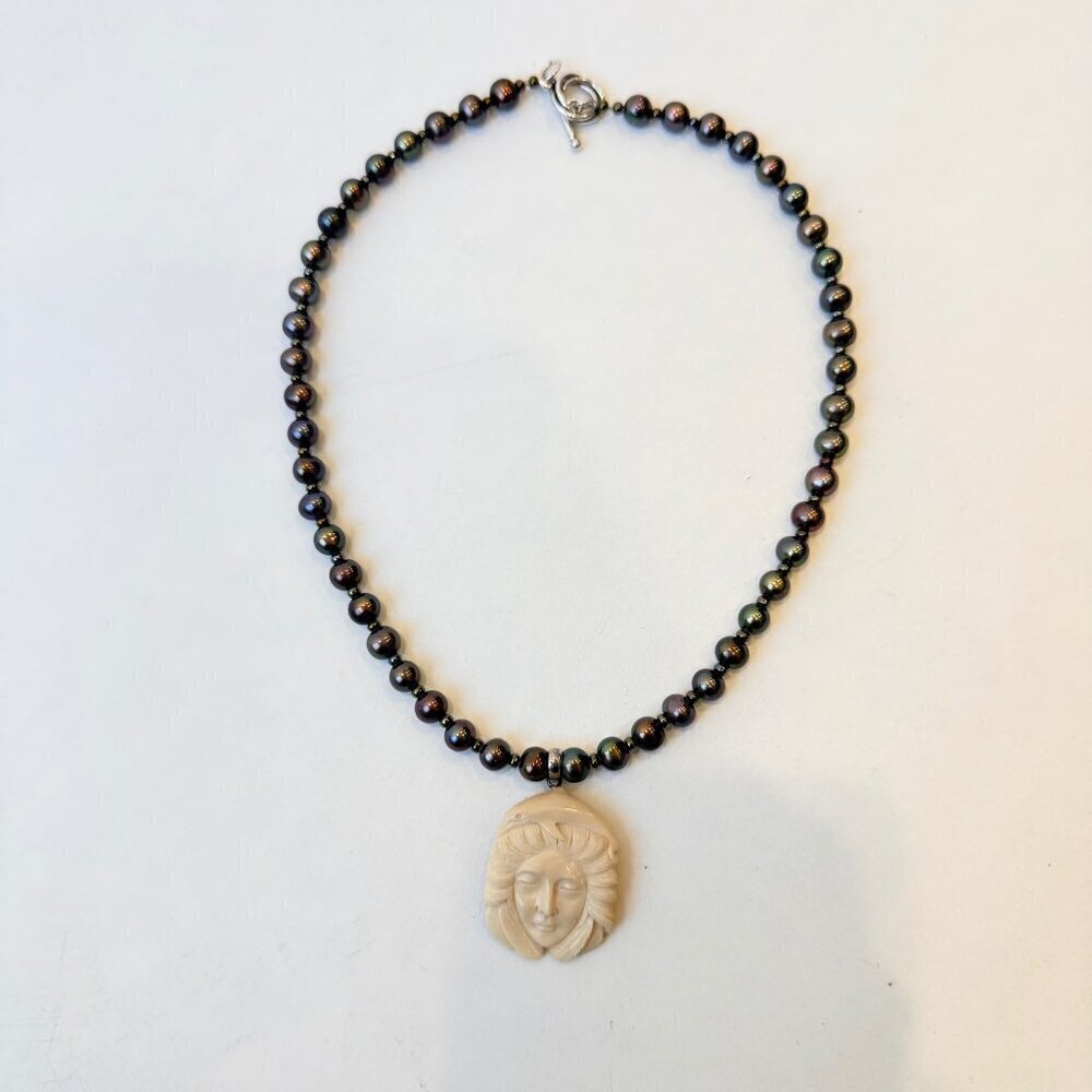 Handmade carved Cameo Pendant Necklace with Dark Pearls – 15”
